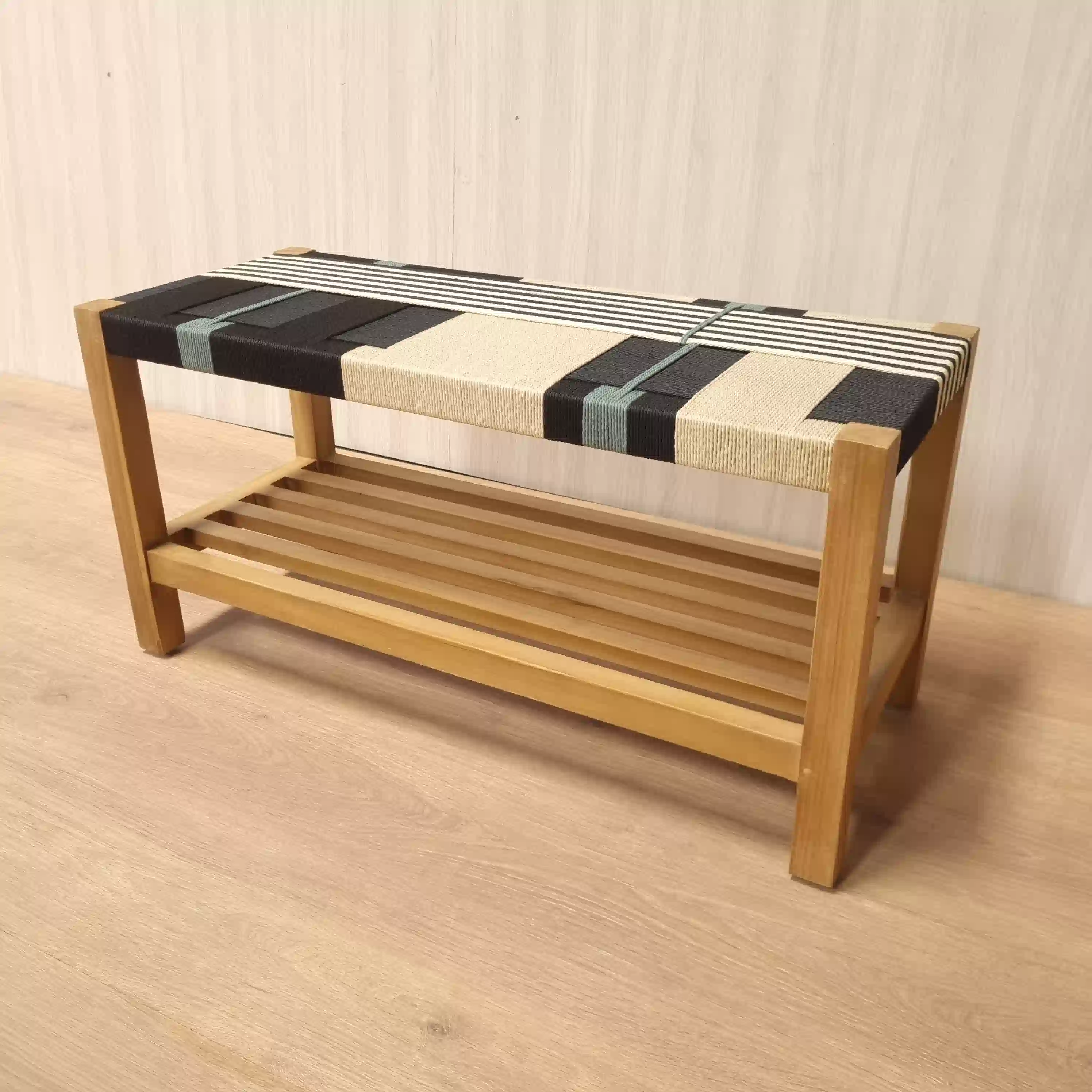 teak wood and polyester rope Stool and Bench Indonesia Suma Bench with Shelve export furniture
